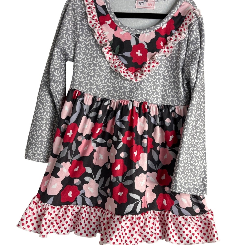 Pete &‎ Lucy Floral Ruffle Dress Kids Size 4 Gray Pink Heart Print Long Sleeve